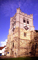 Photograph of the tower of Waltham Abbey Church, viewed from the south west.