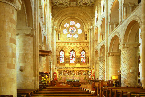 Photograph of the interior of Waltham Abbey Church, viewed from the west end.